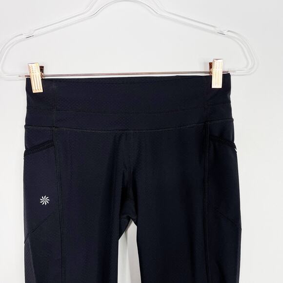 Athleta Black XSmall XS Mesh Textured Crop Capri Leggings Workout Running Pocket - Picture 3 of 11